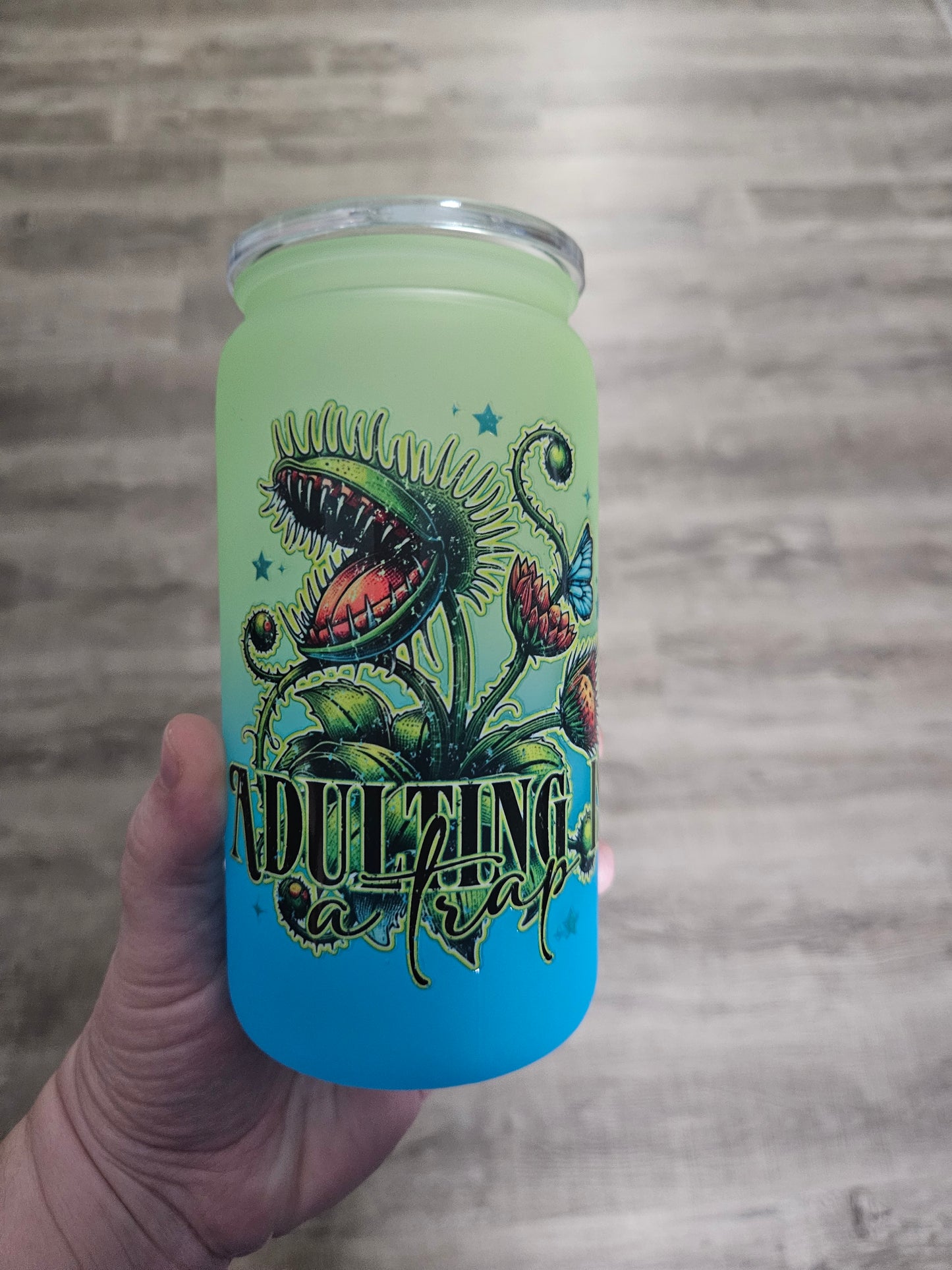 16oz acrylic drinkware that says adulting is a trap