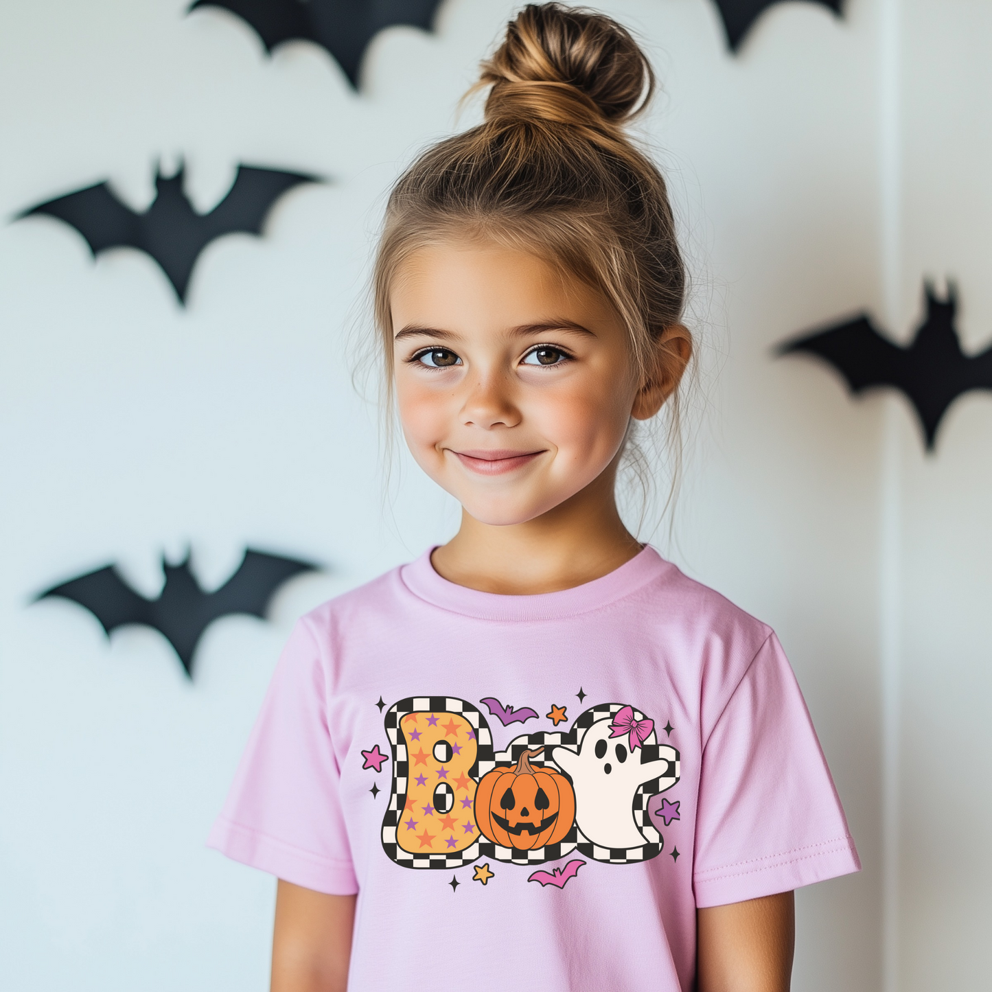 Youth graphic t-shirt that says boo with a ghost