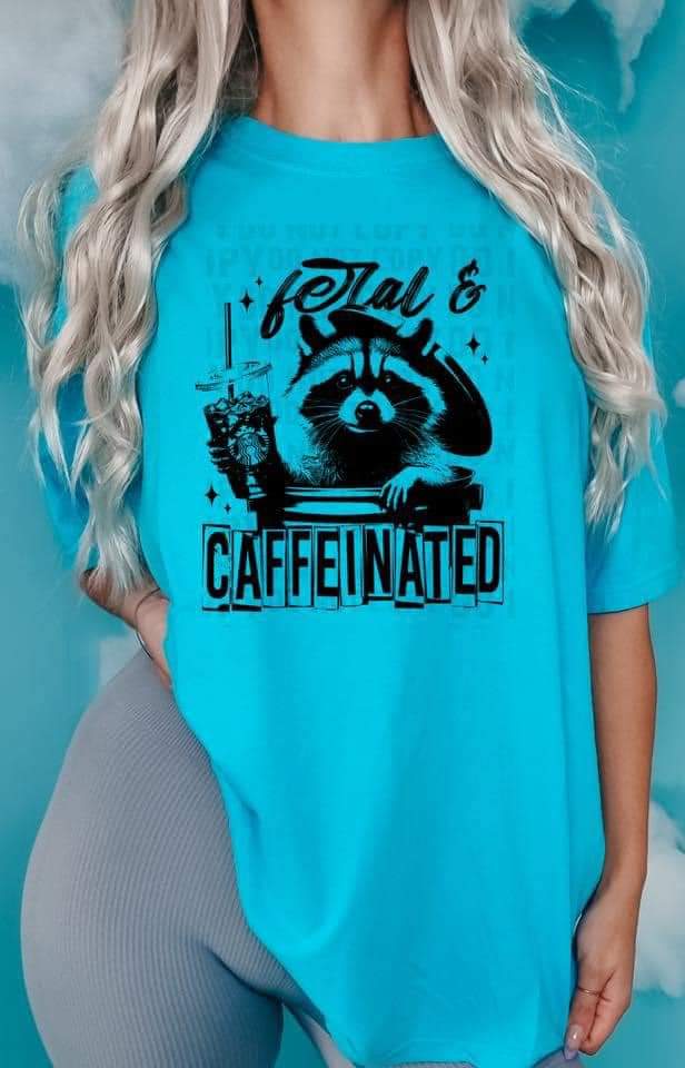 Graphic T-Shirt With Racoon Holding Cup Inside A Trashcan With The Text Feral And Caffeinated