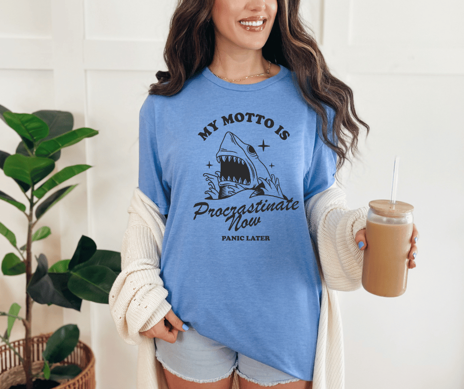 Graphic T-Shirt With Shark Graphic And Text My Motto Is Procrastinate Now Panic Later