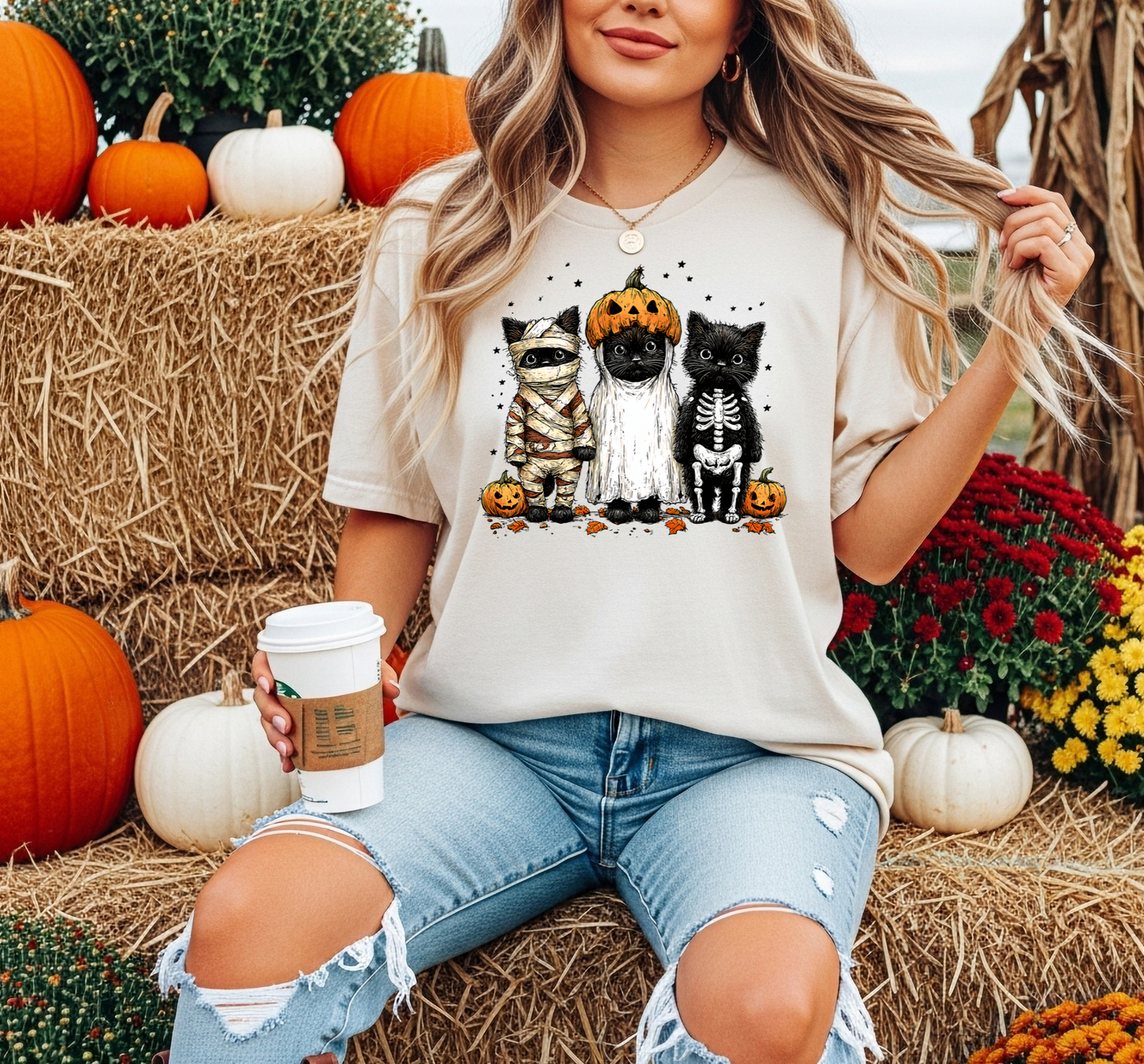 Halloween Themed Dressed Black Cat Trio Graphic T-Shirt
