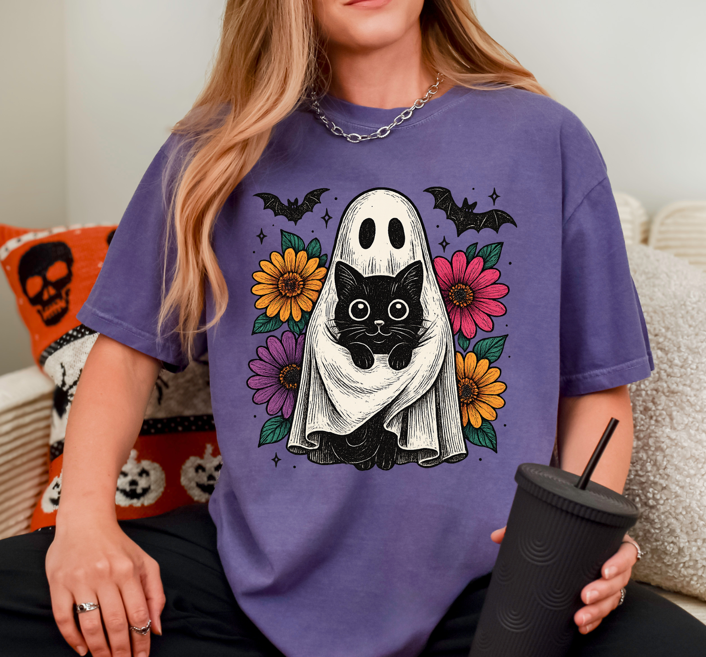 Graphic T-Shirt With A Ghost Hugging A Black Cat