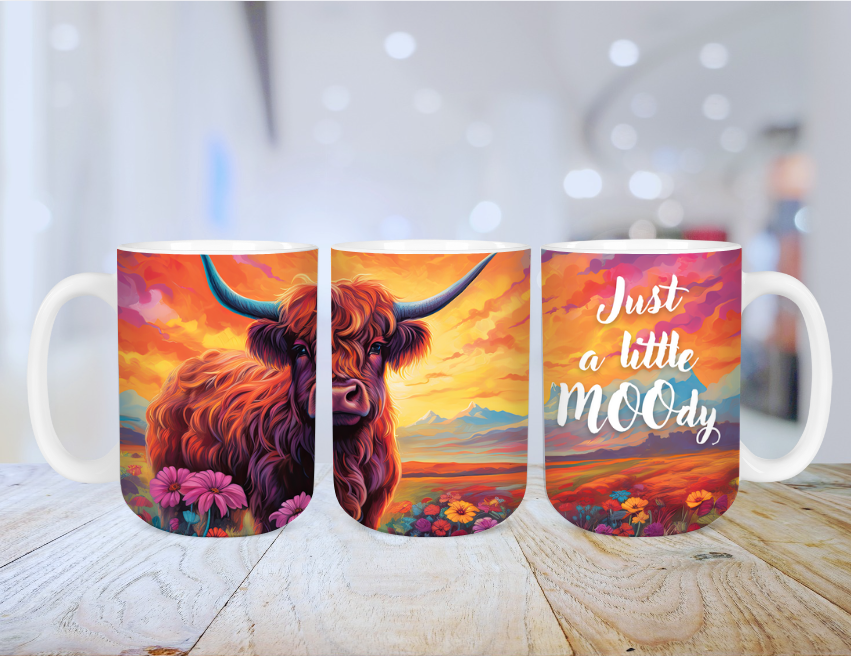 15oz ceramic mug with highland cow just a little MOOdy