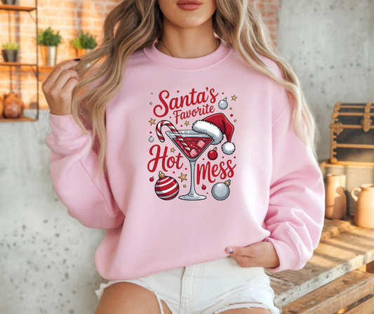 Holiday Themed Graphic Sweatshirt Santa's Favorite Hot Mess With A Martini Glass And Candy Cane