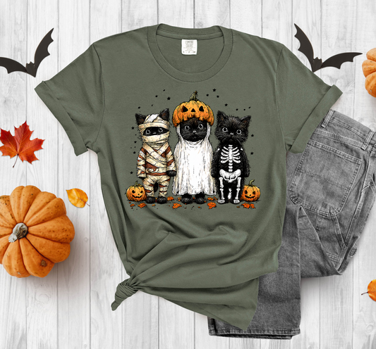 Halloween Themed  Dressed Black Cat Trio Graphic T-Shirt