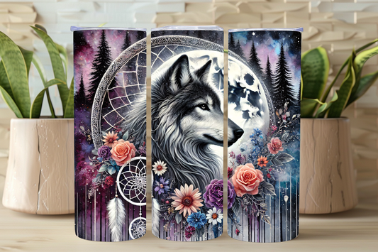 Stainless steel dreamcatcher wolf tumbler