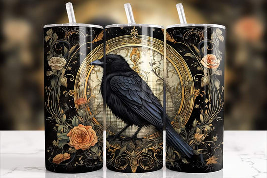 Stainless steel tumbler with a raven and roses