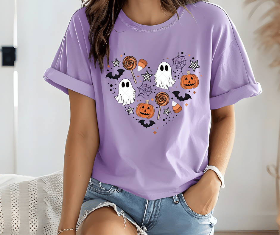 graphic t-shirt with Halloween things in heart shape