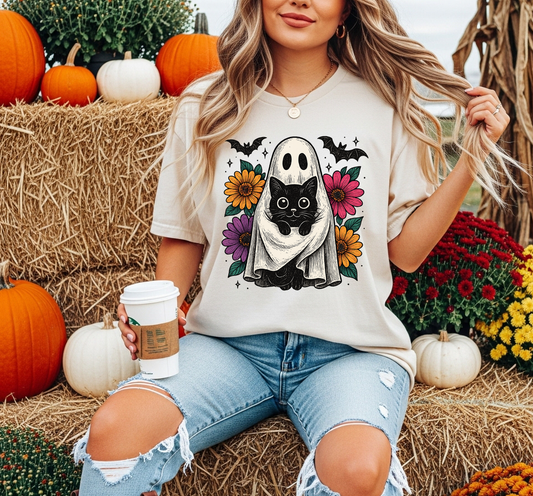 Graphic T-Shirt With A Ghost Hugging A Black Cat 