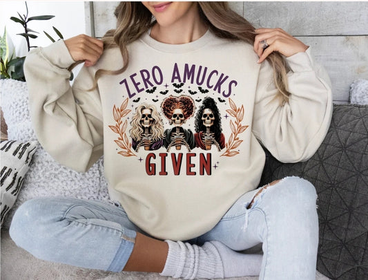 graphic sweatshirt  that says zero amucks given