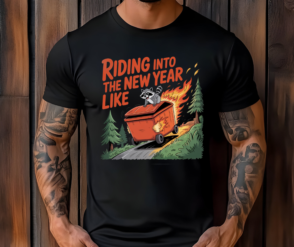 Graphic T-Shirt With A Raccoon Riding On A Dumpster Fire Down A Hill With The Text Riding Into The New Year Like