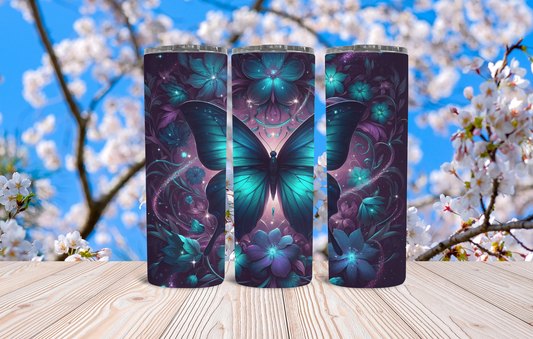 20oz Stainless Steel Butterfly Tumbler With A Dark Blue & Teal Butterfly Surround By Flowers