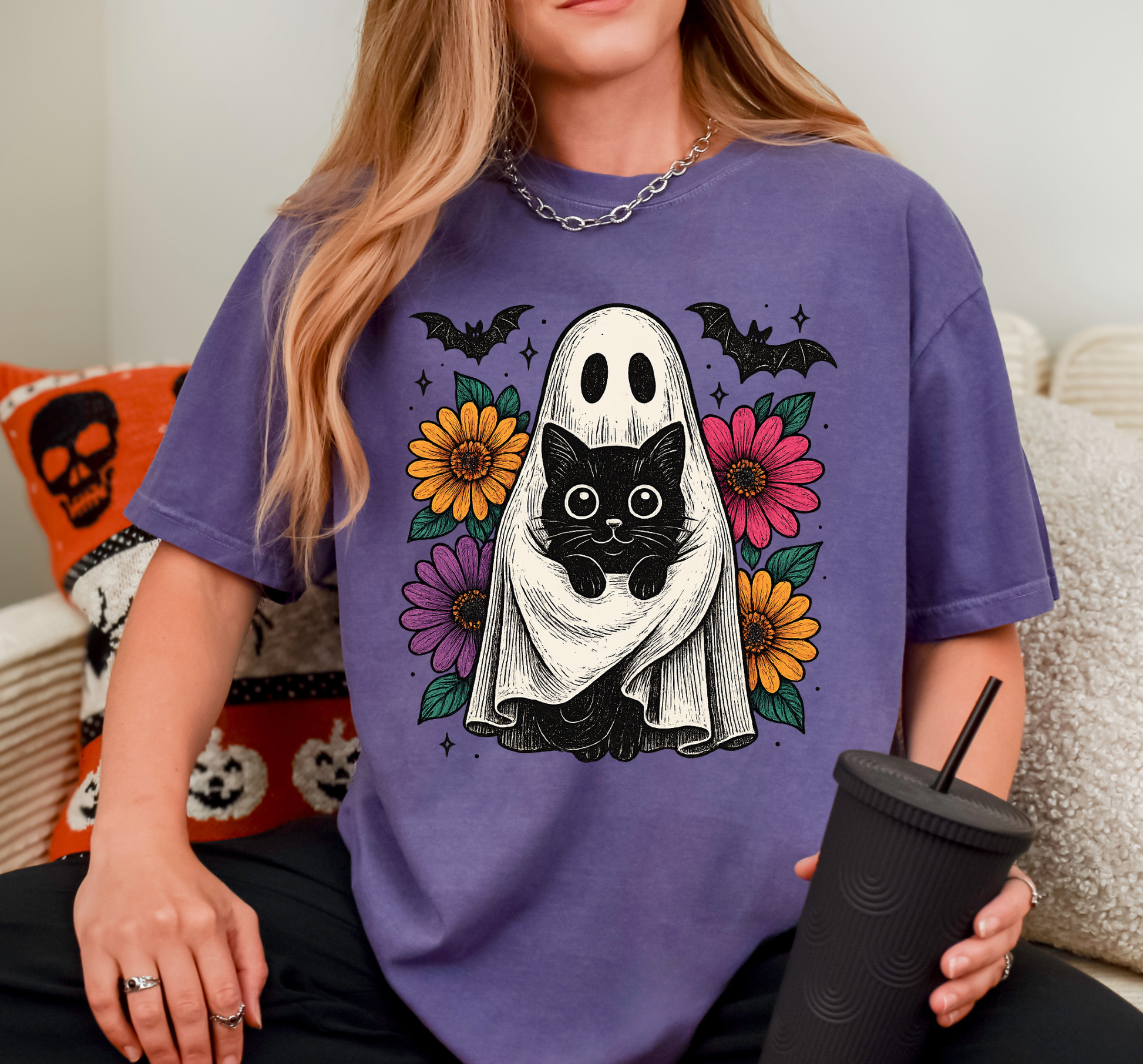 Graphic T-Shirt With A Ghost Hugging A Black Cat 