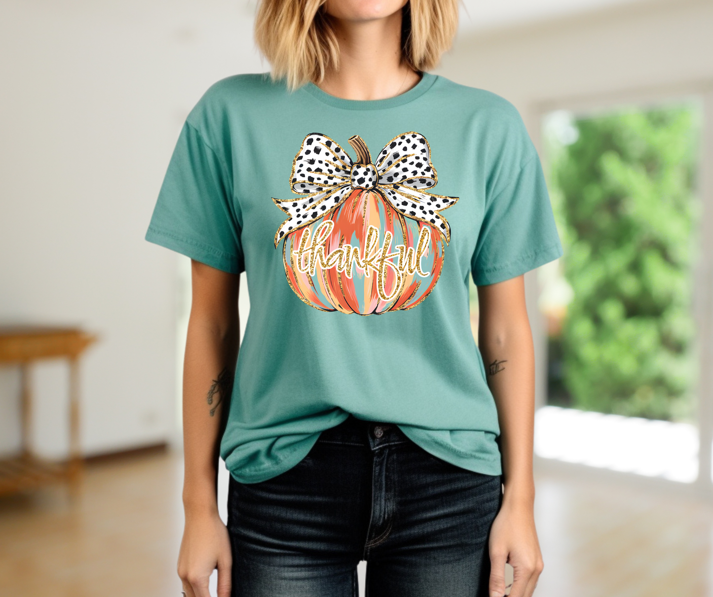 Thankful Glitter Pumpkin Graphic T-Shirt