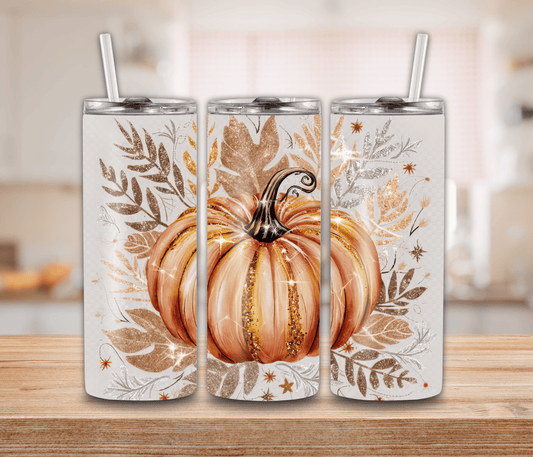 stainless steel tumbler with pumpkin and glitter design