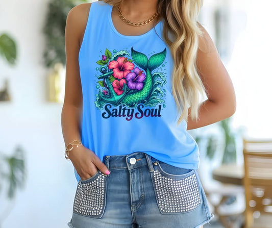 Person wearing a blue tank top with a mermaid design and 'Salty Soul' text.
