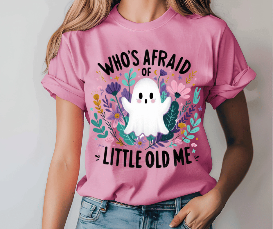 graphic t-shirt with ghost that says who's afraid of little old me swiftie